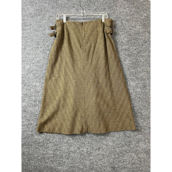 Les Copains Women Skirt L Green Herringbone Wool Blend A-Line Side Buckle Twee - Picture 6 of 8